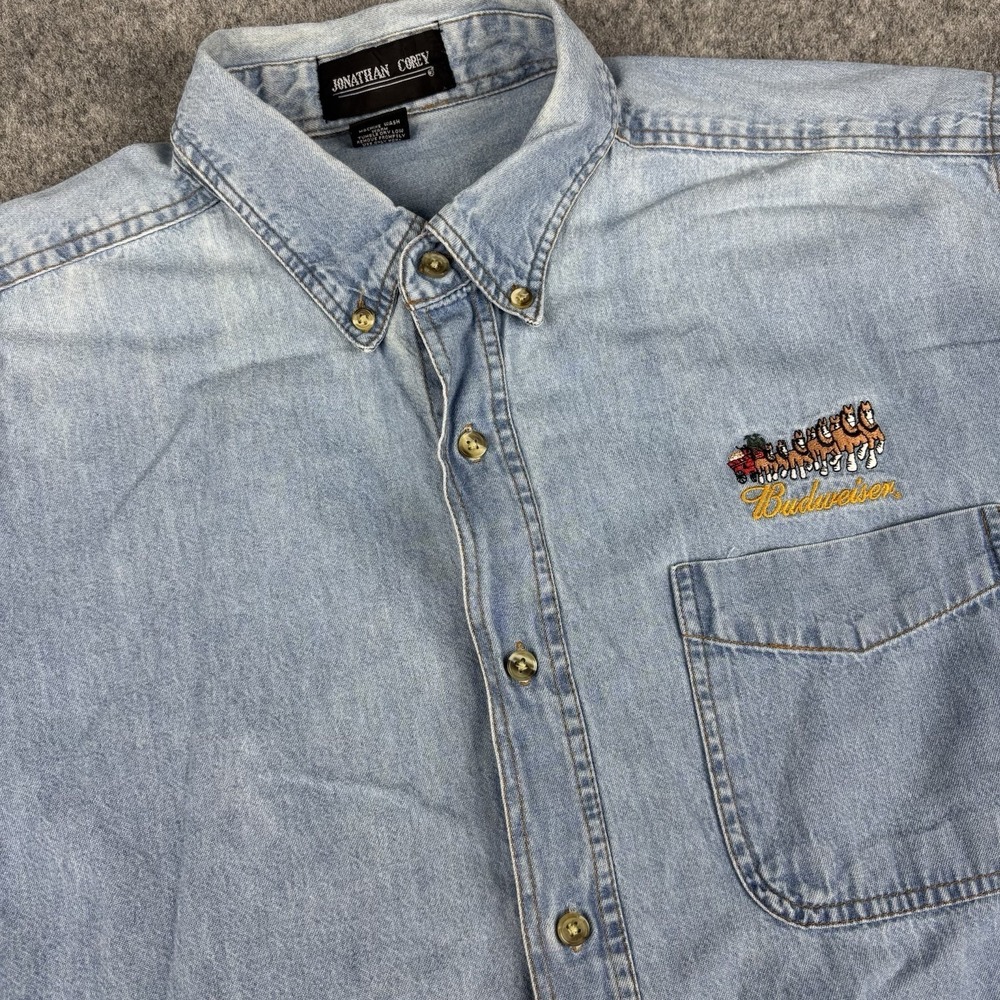 Budweiser‎ Denim Button Up Shirt Mens XL Blue Clydesdales Logo Jonathan Corey